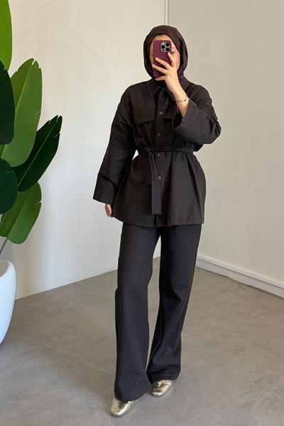 Çıtçıtlı Gabardin Takım - Kahverengi
