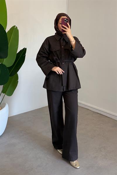 Çıtçıtlı Gabardin Takım - Kahverengi
