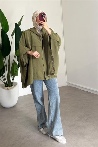 Çıtçıtlı Panço - Haki Yeşil