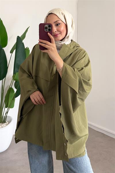 Çıtçıtlı Panço - Haki Yeşil
