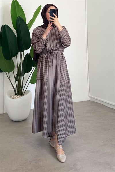 Çizgili Elbise - Haki Yeşil