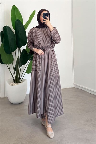 Çizgili Elbise - Haki Yeşil