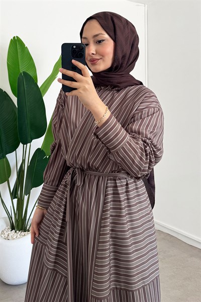 Çizgili Elbise - Haki Yeşil