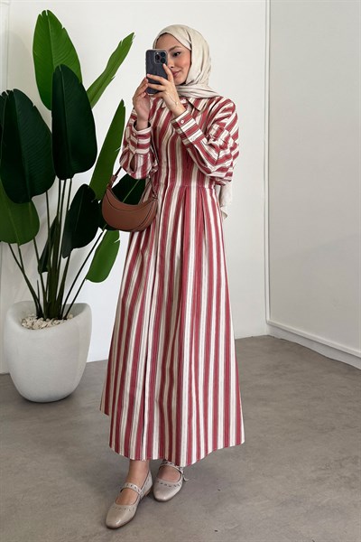 Çizgili Elbise - Kiremit