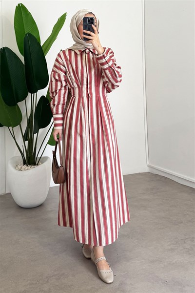 Çizgili Elbise - Kiremit