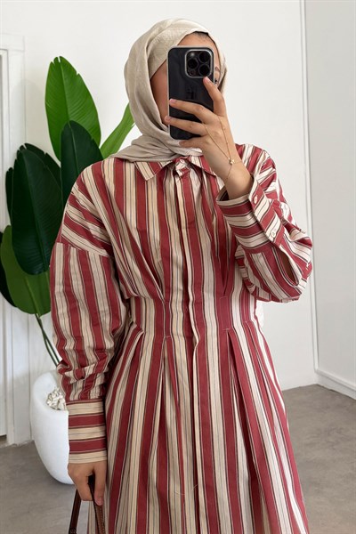 Çizgili Elbise - Kiremit
