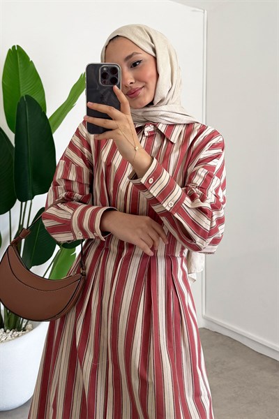 Çizgili Elbise - Kiremit