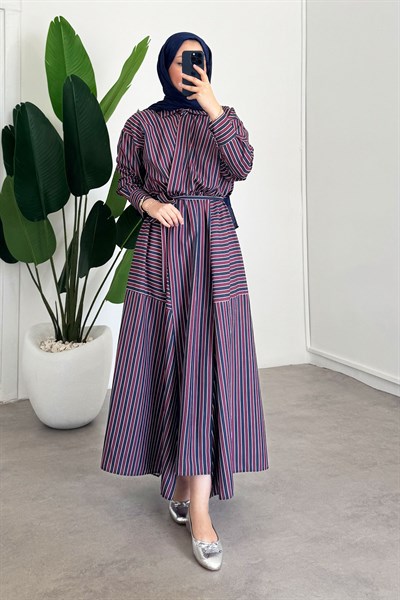 Çizgili Elbise - Lacivert