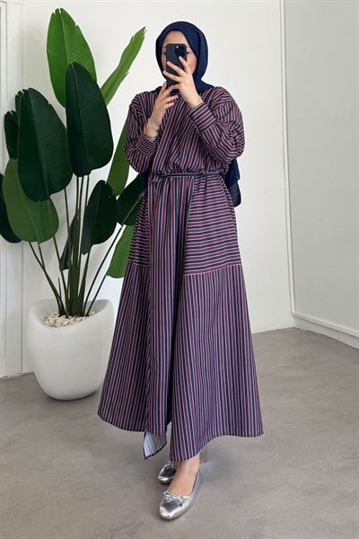 Çizgili Elbise - Lacivert