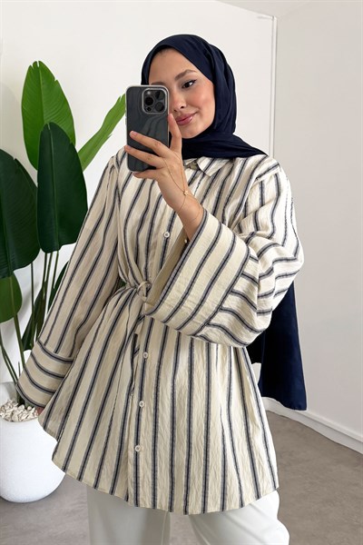 Çizgili Gömlek - Ekru