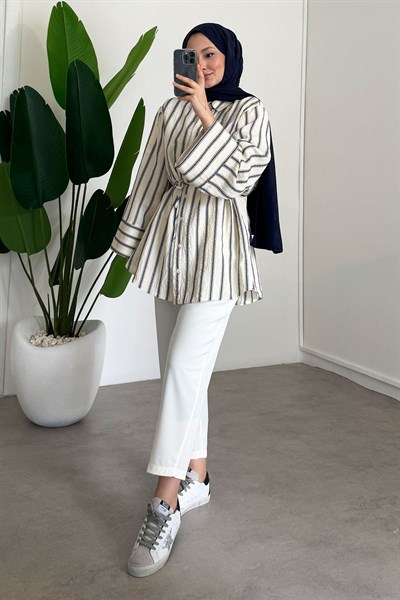 Çizgili Gömlek - Ekru