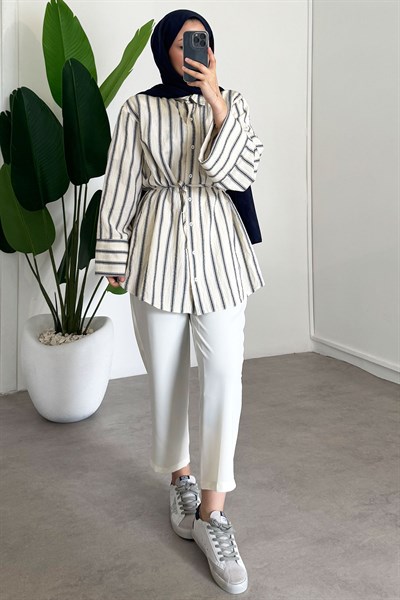 Çizgili Gömlek - Ekru