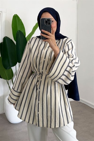 Çizgili Gömlek - Ekru