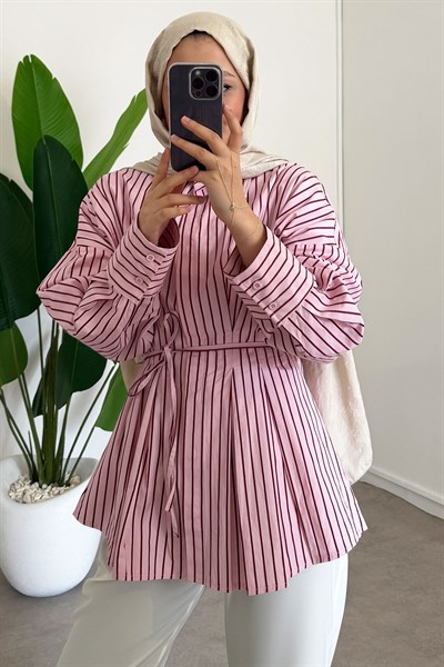 Çizgili Gömlek - Pudra