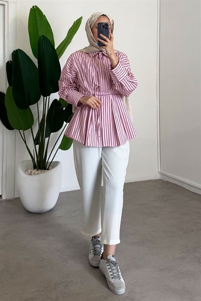 Çizgili Gömlek - Pudra