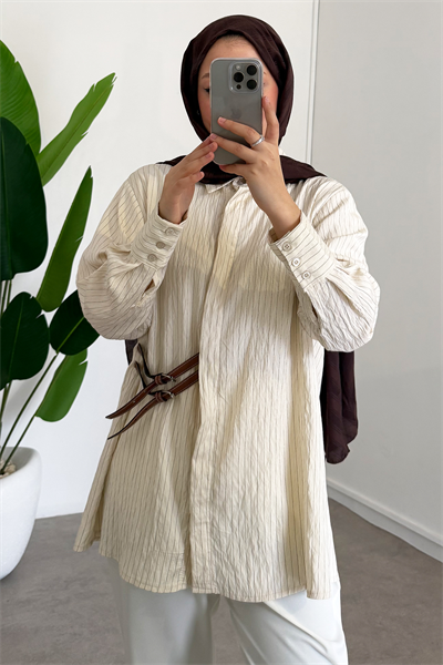 Çizgili Kemer Detaylı Gömlek - Bej