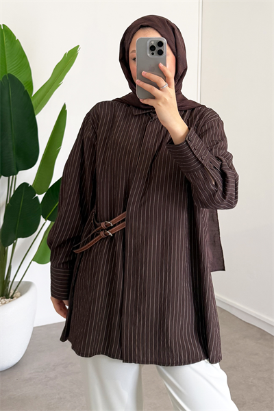 Çizgili Kemer Detaylı Gömlek - Kahverengi