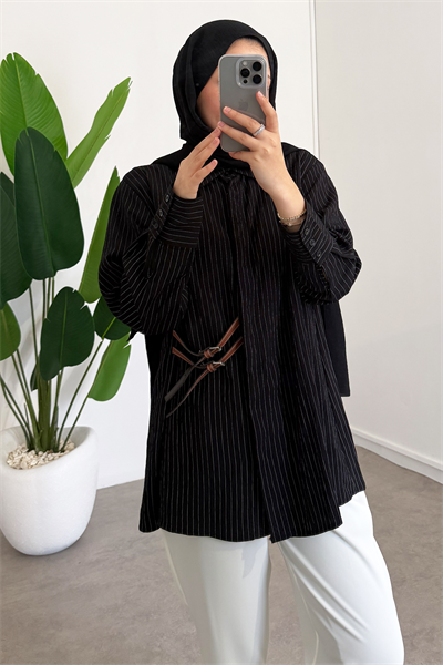 Çizgili Kemer Detaylı Gömlek - Siyah