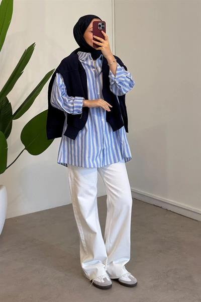 Çizgili Oversize Gömlek 4-6810 - MAVİ