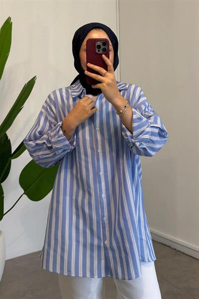 Çizgili Oversize Gömlek 4-6810 - MAVİ