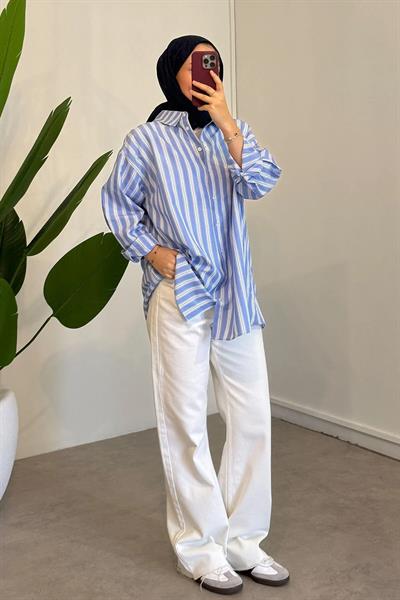 Çizgili Oversize Gömlek 4-6810 - MAVİ