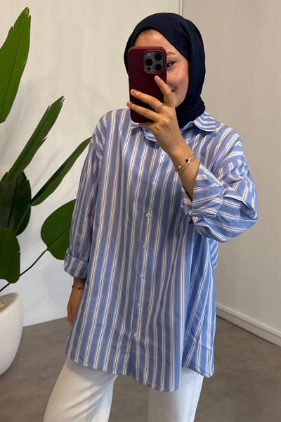 Çizgili Oversize Gömlek 4-6810 - MAVİ