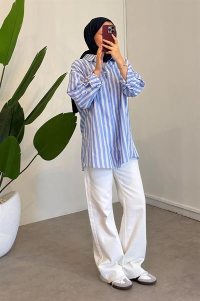 Çizgili Oversize Gömlek 4-6810 - MAVİ