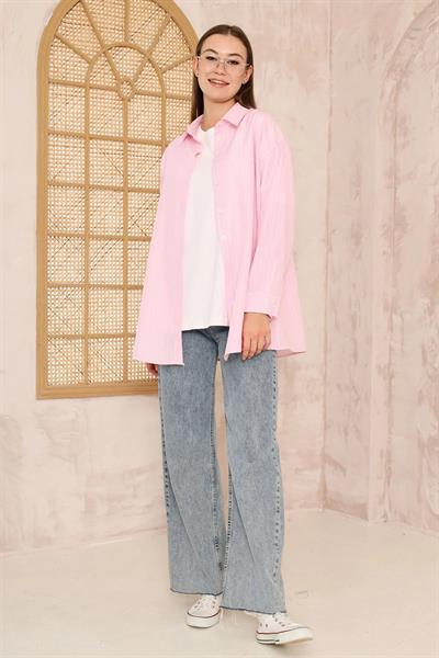 Çizgili Oversize Gömlek 4-6810 - PUDRA