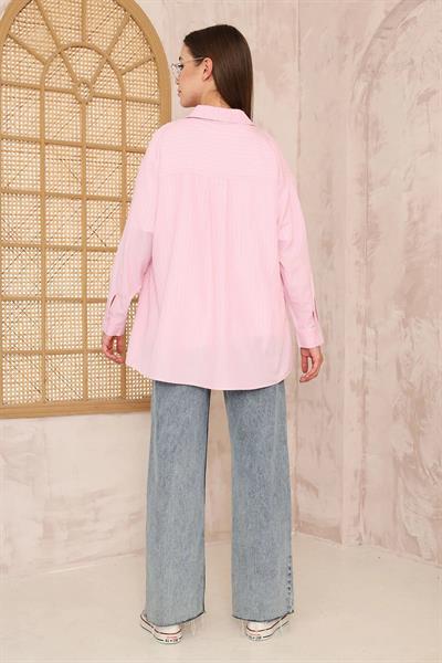 Çizgili Oversize Gömlek 4-6810 - PUDRA