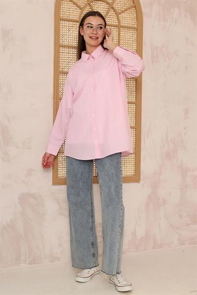 Çizgili Oversize Gömlek 4-6810 - PUDRA
