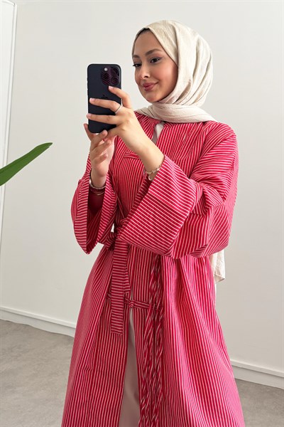 Çizgili Tunik Elbise - Kırmızı