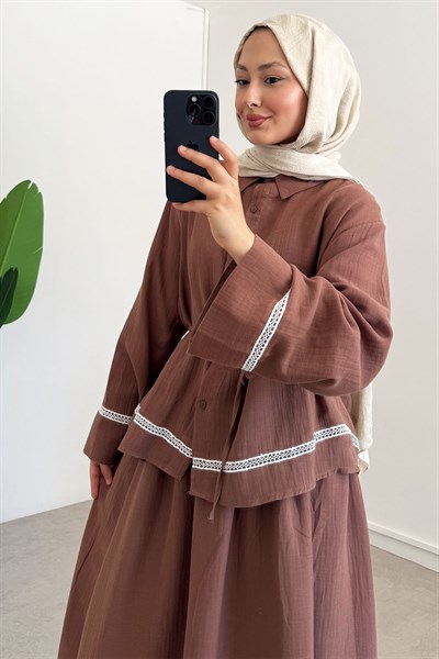 Dantel Detay Takım - Kahverengi