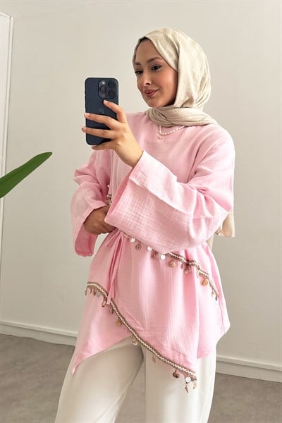 Dantel Keten Gömlek - Pembe
