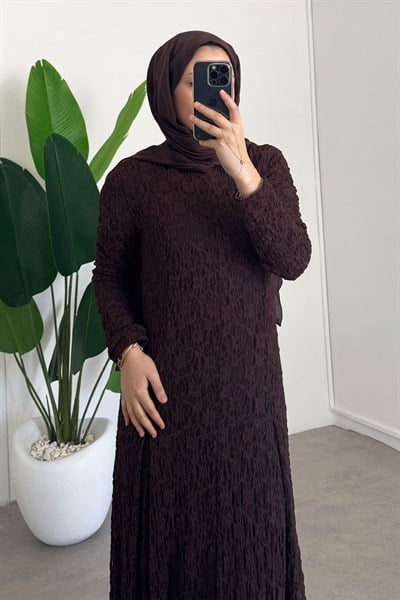 Dantelli Elbise - Kahverengi