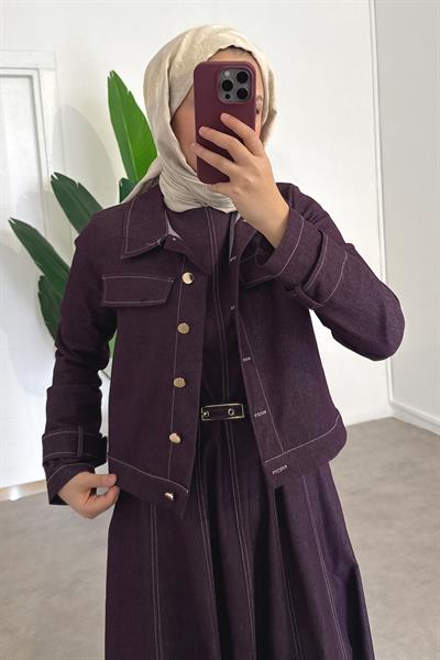 Denim Ceketli Elbise Takım - Bordo