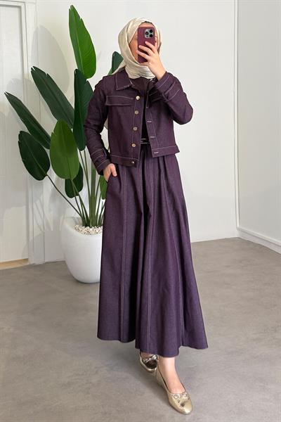 Denim Ceketli Elbise Takım - Bordo