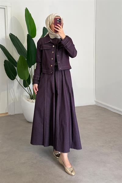 Denim Ceketli Elbise Takım - Bordo