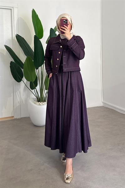 Denim Ceketli Elbise Takım - Bordo