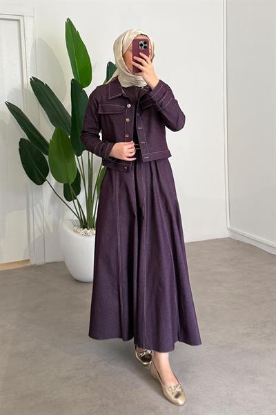 Denim Ceketli Elbise Takım - Bordo