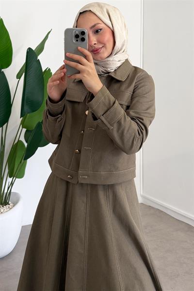 Denim Ceketli Elbise Takım - Haki Yeşil