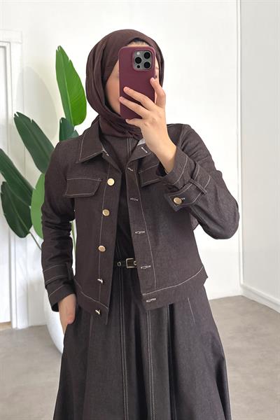 Denim Ceketli Elbise Takım - Kahverengi