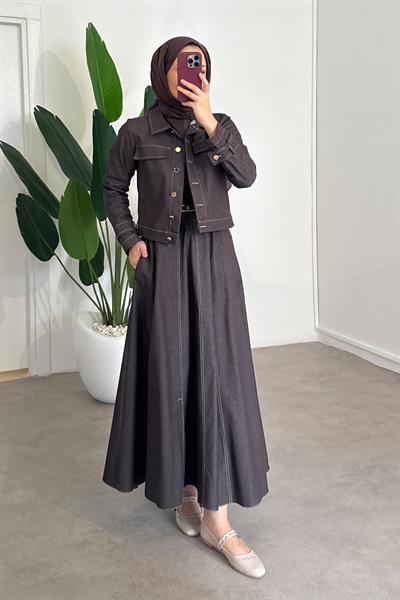 Denim Ceketli Elbise Takım - Kahverengi