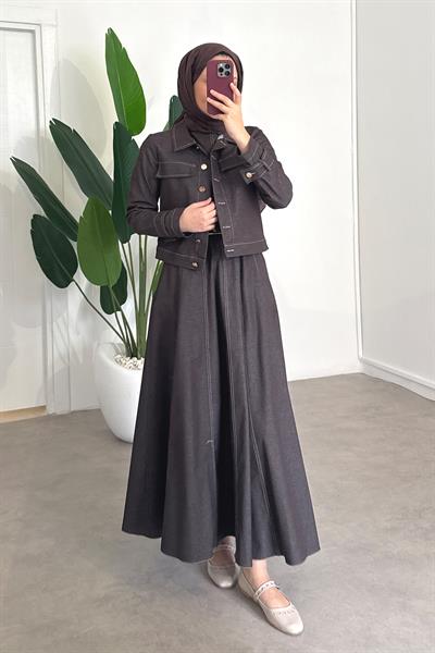 Denim Ceketli Elbise Takım - Kahverengi