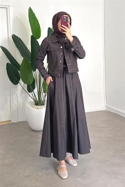 Denim Ceketli Elbise Takım - Kahverengi