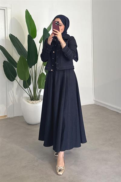 Denim Ceketli Elbise Takım - Lacivert