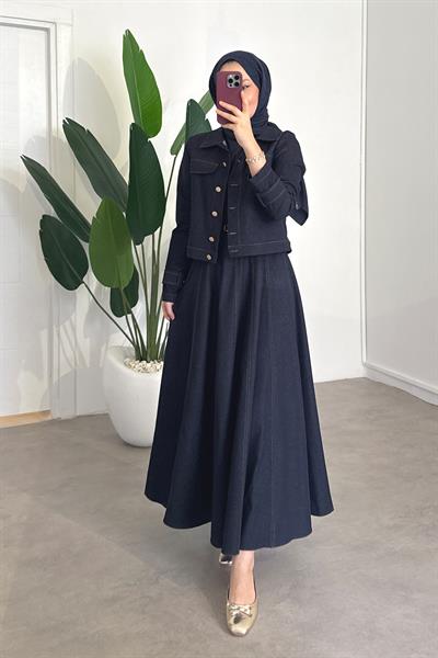 Denim Ceketli Elbise Takım - Lacivert