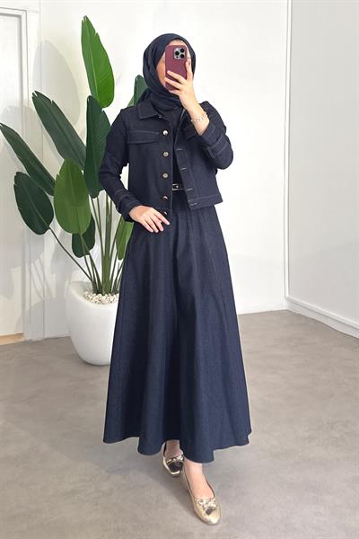 Denim Ceketli Elbise Takım - Lacivert