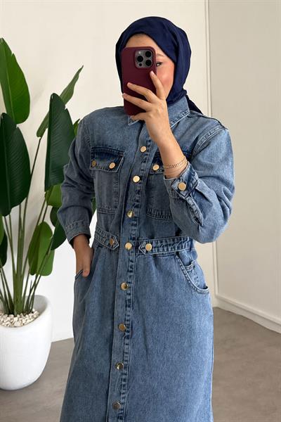 Denim Elbise - Açık Kot