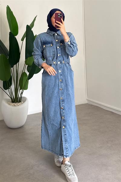Denim Elbise - Açık Kot