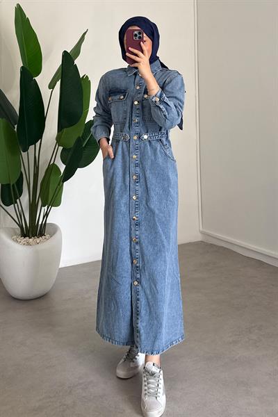 Denim Elbise - Açık Kot